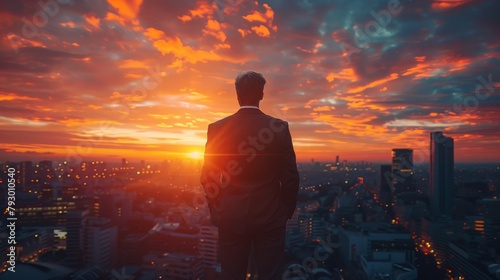 A businessman is standing on a rooftop overlooking a city at sunset.