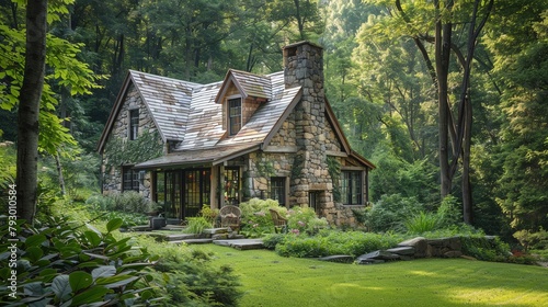 A rustic stone cottage nestled in a lush green forest, emphasizing natural materials and traditional design