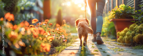 Little boy walking with his puppy outdoors. Friendship and domestic animal concept. photo