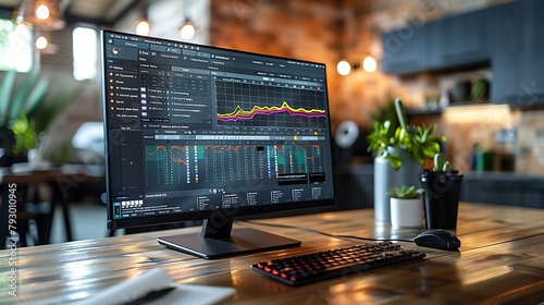 Create a high-resolution image of a PC monitor displaying a detailed Gantt chart used for tracking a major project's timeline and deliverables. photo