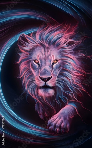 A striking and vibrant display of electrical plasma that coalesces into an awe-inspiring, otherworldly lion. The lion's ethereal form emanates a mesmerizing energy that captivates the viewer, creating