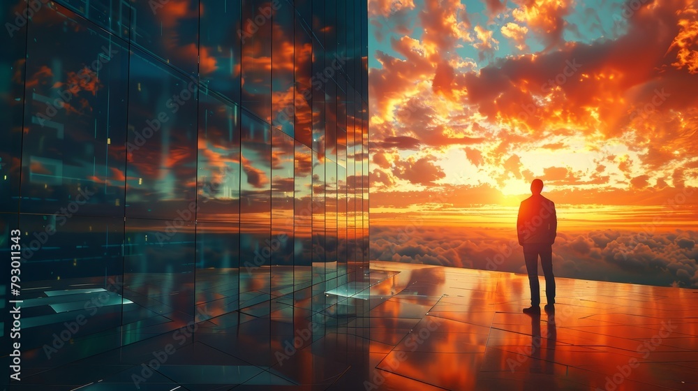 A businessman stands on a rooftop overlooking a city at sunset. A businessman stands on a rooftop overlooking a city at sunset.