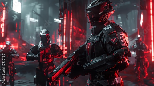 Cybernetic hell guards patrolling neonlit, dystopian ruins