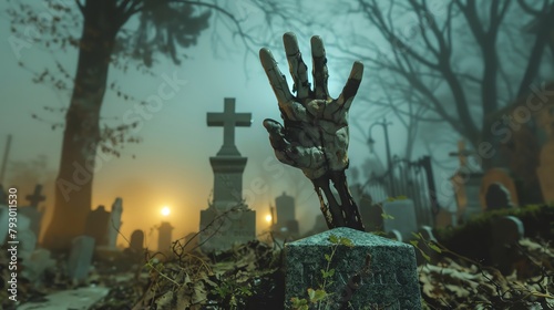 Decayed hand rising from a grave in a foggy cemetery at night