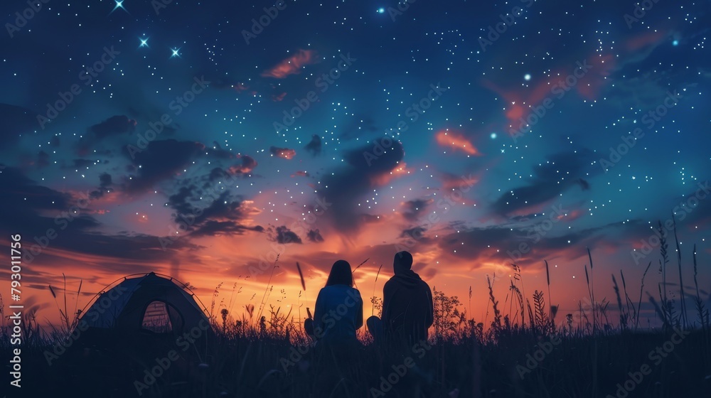 A couple is sitting on a hilltop, looking at the starry night sky. There is a tent in the background.