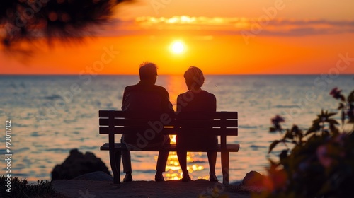 A couple is sitting on a bench watching the sunset over the ocean.