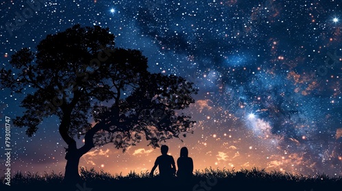 A couple is sitting on a hill  looking up at the stars.