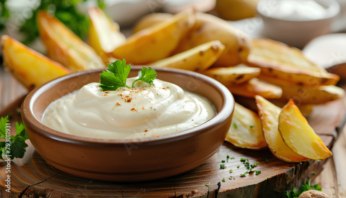 Bowl of mayonnaise with dipped potato wedge on wooden board, closeup photo