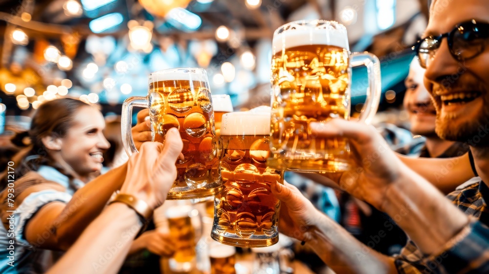 Fototapeta premium An immersive view of the Oktoberfest in Munich, with festival-goers in traditional lederhosen and dirndls clinking steins of beer.