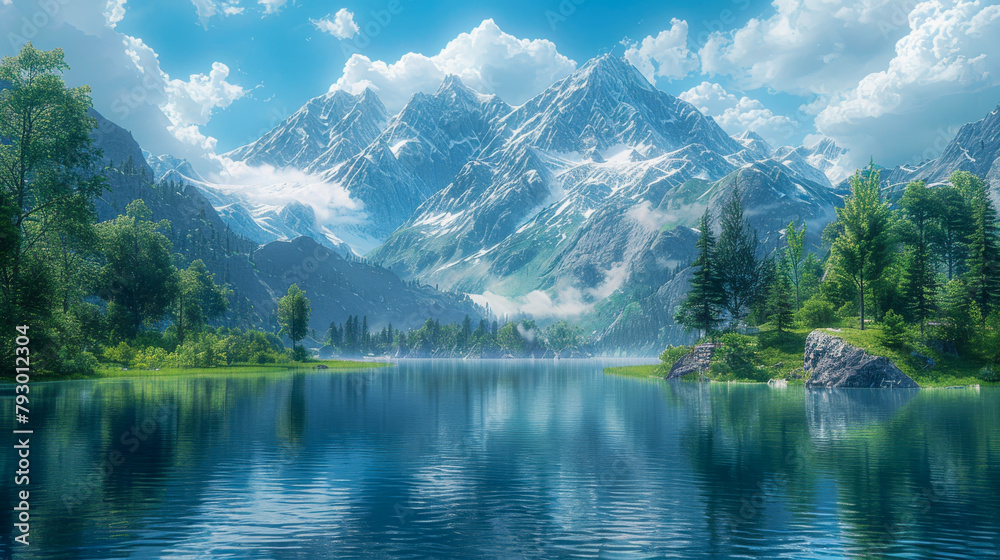 A quiet lake surrounded by majestic mountains and forests.