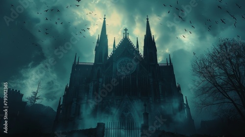 A dark and gloomy cathedral with a large clock tower. photo