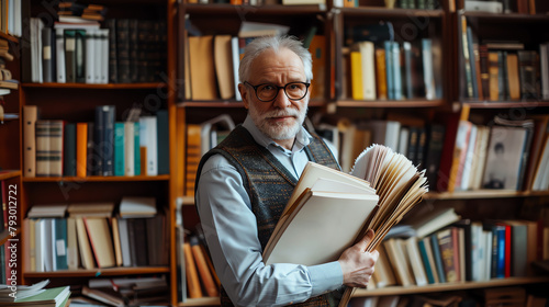 Portrait of an academician standing in front of a bookshelf, holding a pile of research papers, symbolizing lifelong learning and expertise.