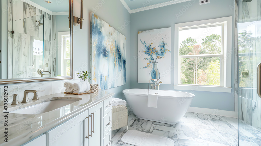 Relaxing spa-like bathroom adorned with an abstract watercolor artwork in soothing aqua tones, promoting a calm and restorative environment. Relaxing spa-like bathroom adorned with an abstract watercolor artwork in soothing aqua tones, promoting a calm and restorative environment.