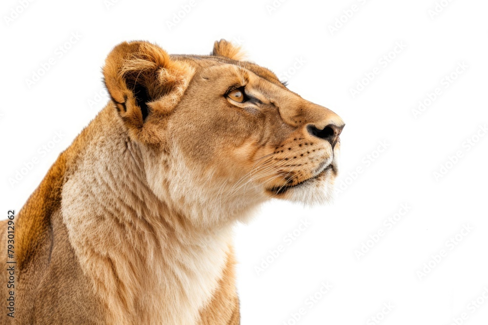 Majesty of a regal lioness, her golden mane billowing in the wind as she surveys her domain, isolated on pure white background. Majesty of a regal lioness, her golden mane billowing in the wind as she surveys her domain, isolated on pure white background.