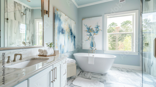 Relaxing spa-like bathroom adorned with an abstract watercolor artwork in soothing aqua tones, promoting a calm and restorative environment. © arhendrix