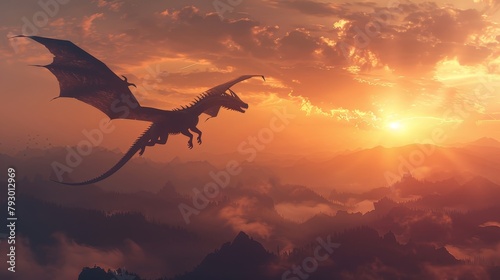 A dragon is flying in the sky above the mountains at sunset.