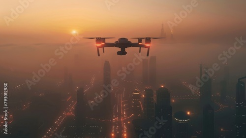 A drone flies over a city at sunset. The city is covered in a layer of smog.