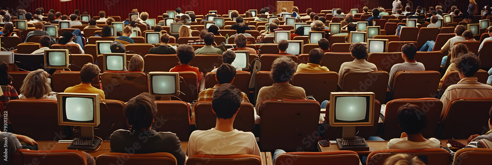 an auditorium full of computer nerds in the 1980s, men and woomen ...