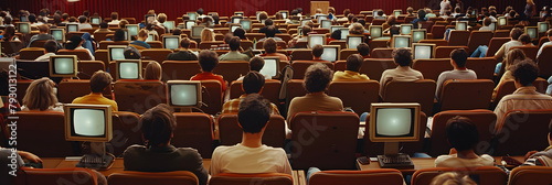 an auditorium full of computer nerds in the 1980s, men and woomen, cinematic shot, photo