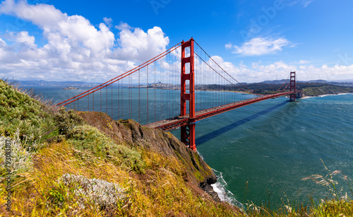Konstfotografi Panoramic wide angle view of iconic Golden Gate Bridge from view point ”Battery Spencer“ on a clear sunny spring afternoon