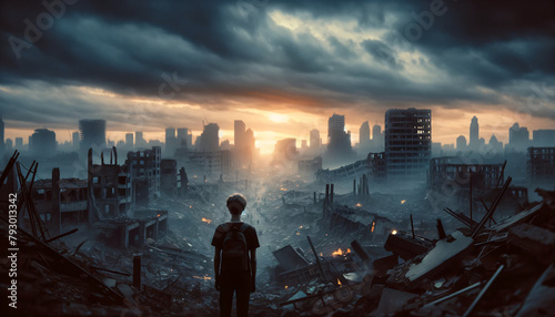 a young person standing amidst the ruins of a devastated urban landscape at dusk photo