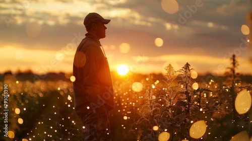 A farmer is standing in a field of wheat at sunset. © Rattanathip