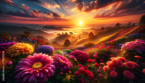 flowers herald the sun's descent, creating a tapestry of color against the serene backdrop of distant mountains and a sky painted with the soft hues of twilight. photo