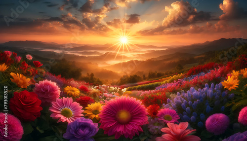 flowers herald the sun's descent, creating a tapestry of color against the serene backdrop of distant mountains and a sky painted with the soft hues of twilight. photo