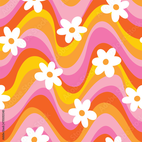 Groovy Floral Pattern Pink Retro Floral Background Groovy Daisy Seamless Pattern