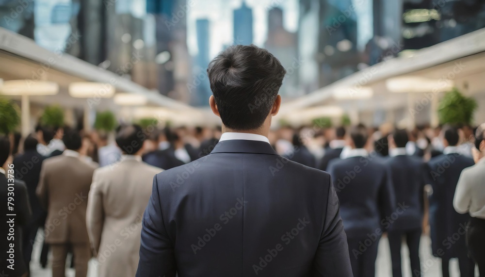 Back view of a businessman standing in front of a crowd of people Back view of a businessman standing in front of a crowd of people