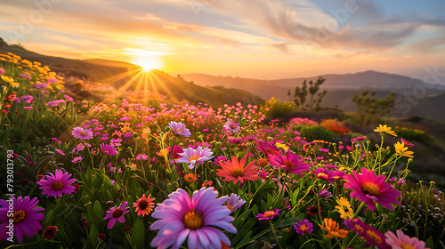 flowers herald the sun s descent  creating a tapestry of color against the serene backdrop of distant mountains and a sky painted with the soft hues of twilight.