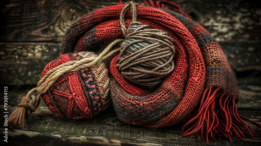A red and brown knitted scarf is piled on top of a wooden table. The scarf is knotted and has a few balls of yarn on top of it. Concept of warmth and comfort
