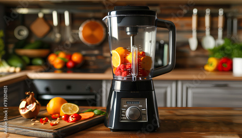 Modern blender with fresh fruits and cutting board on table in kitchen