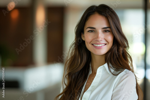 A woman with long brown hair is smiling and posing for a picture