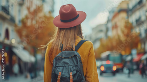 A woman wearing a red hat and a black backpack is walking down a city street