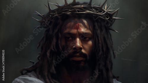 Portrait of black Jesus Christ with crown of thorns on his head