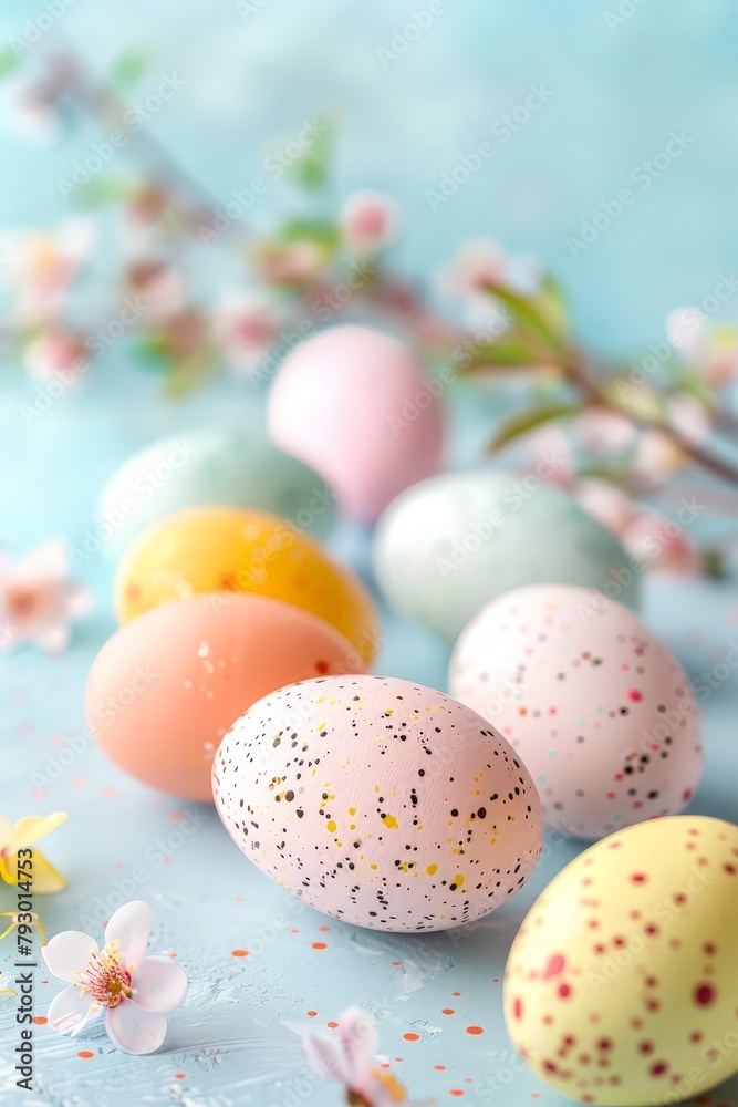 The eggs are of different colors, including yellow, pink, and white