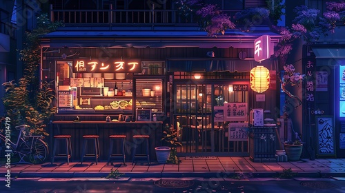 Lofi Ramen Spot: Japanese City Evening, Cartoonish Anime Style, Cozy Asian Architecture