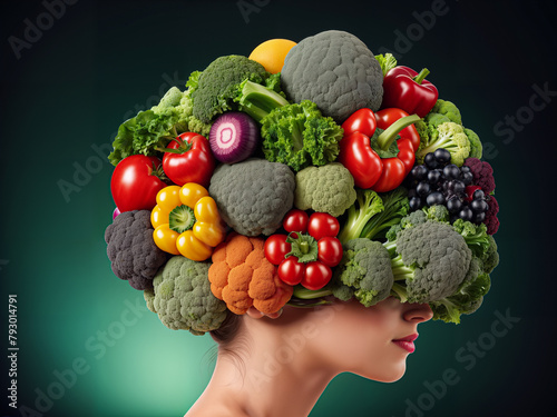 A set of vegetables in the shape of a woman's human brain along with her face. The concept of healthy eating or vegetarianism. Close up