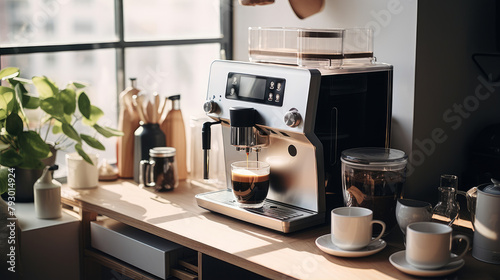 Modern coffee machine with a glass cup of latte or cappuccino on a bright kitchen near the window.