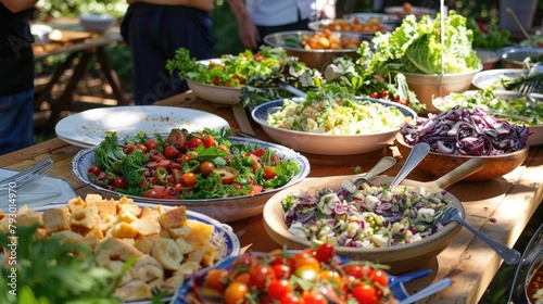 A community potluck dinner featuring locally sourced and sustainable foods.  photo