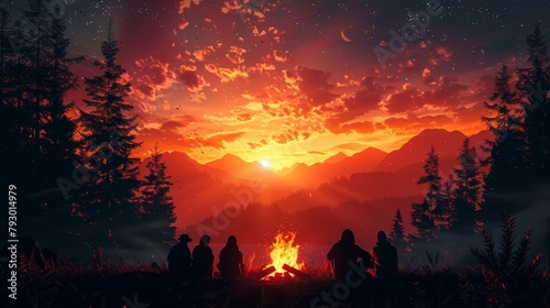 A group of friends camping in the mountains. They are sitting around a campfire and enjoying the sunset. The sky is a deep orange and the mountains are silhouetted against it.