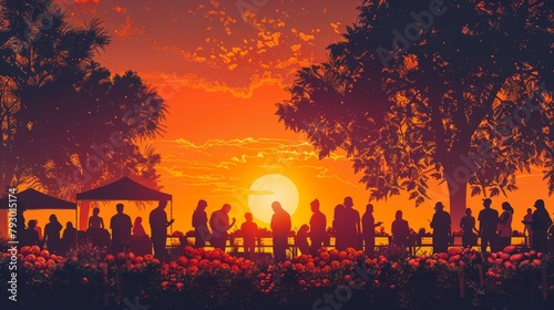 A group of people are gathered in a park at sunset. The sun is setting over the horizon, casting a warm glow over the scene. The people are enjoying the warm weather and the beautiful scenery.