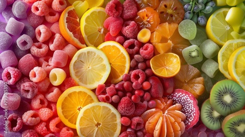 This close-up view showcases a variety of differently colored candies, each bursting with delicious fruit flavors. The candies are arranged in a vibrant and enticing display