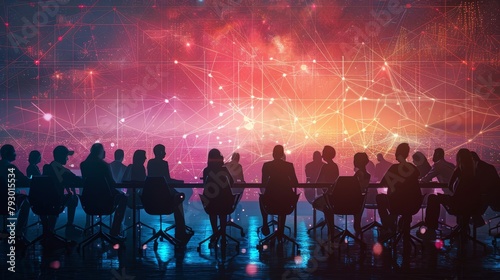 A group of people are sitting in a dark room looking at a bright screen with a glowing network of connections. © Rattanathip