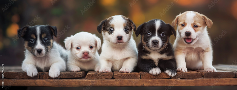 Filhotes de cachorros em cima de uma tábua de madeira