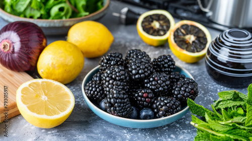 A bowl of blackberries sits on a counter next to a bowl of lemons