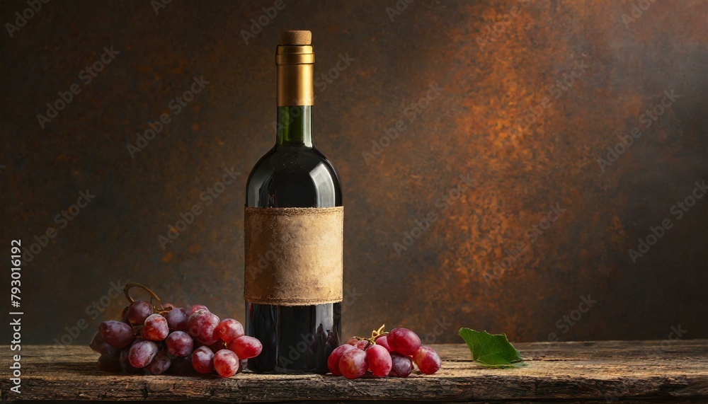 Bottle of red wine with old empty label on rusty brown background.