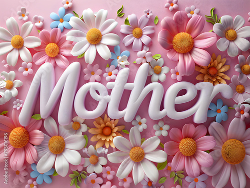 The word \"Mother\" is written in light blue 3D letters, surrounded by a variety of colorful flowers