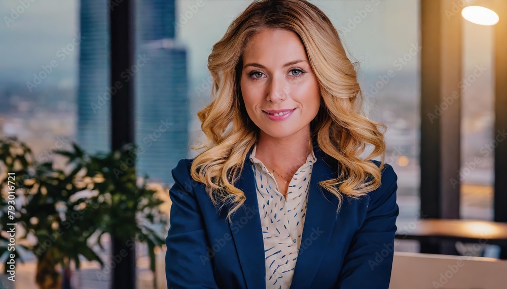 Fototapeta premium Beautiful woman wearing a structured blazer , Elegance of business female at work with wavy hair